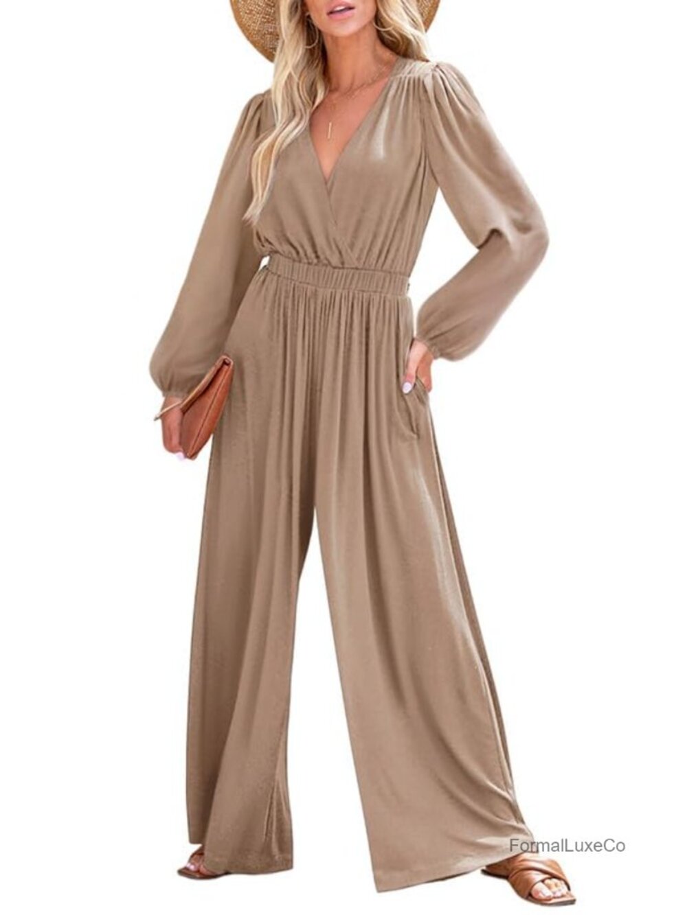 Womens Sleeveless V-Neck Wide Leg Jumpsuit Romper Dressy Casual